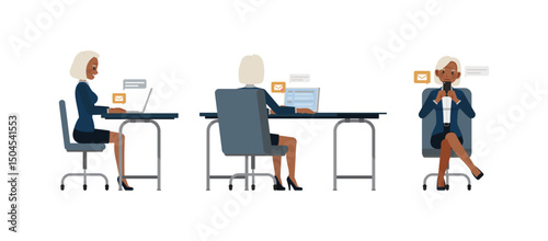 Business woman white hair color wear blue suit character vector illustration design set. Woman sending documents via email.