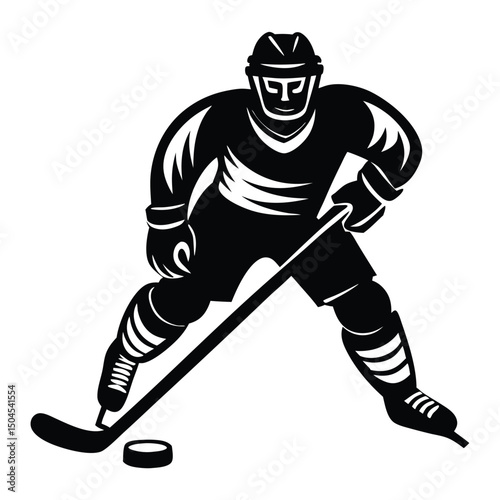 hockey player in action holding a hockey stick. Dynamic pose and determined facial expression highlight themes of athleticism