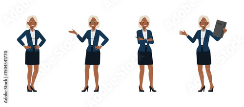 Business woman white hair color wear blue suit character vector illustration design set. Women standing and presentation.