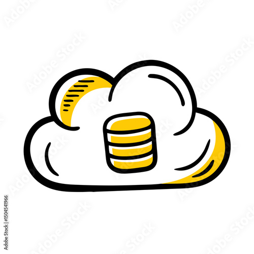 Stylized cloud storage icon featuring stacks of coins in a cloud with yellow accents