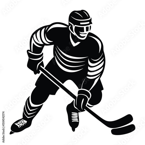 hockey player in action holding a hockey stick. Dynamic pose and determined facial expression highlight themes of athleticism