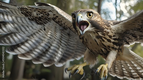 A powerful hawk in mid-flight, wings fully extended and talons ready, capturing its fierce concentration and stunning detail