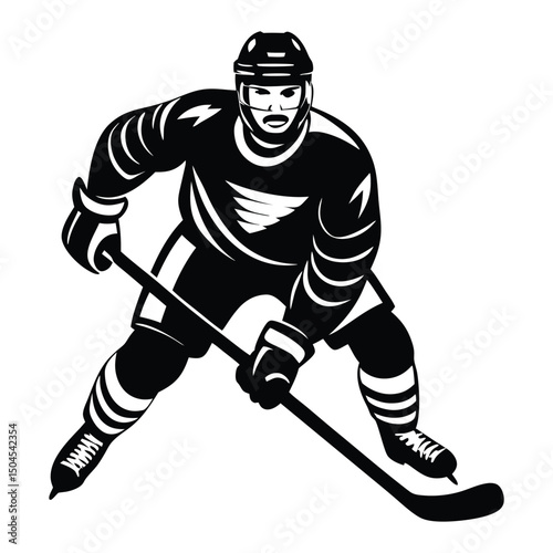 hockey player in action holding a hockey stick. Dynamic pose and determined facial expression highlight themes of athleticism