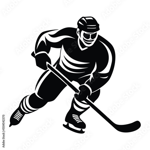 hockey player in action holding a hockey stick. Dynamic pose and determined facial expression highlight themes of athleticism