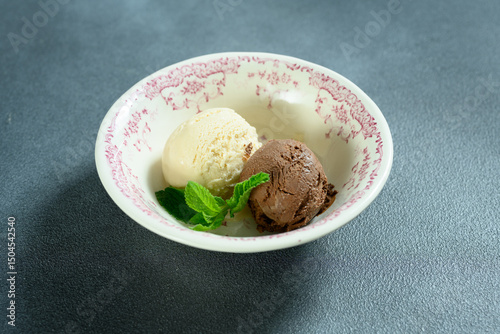 two scoops of ice cream in a bowl 