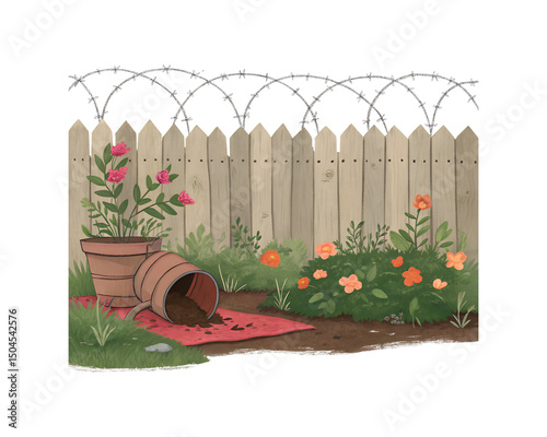 Rustic Wooden Fence with Barbed Wire and Grass