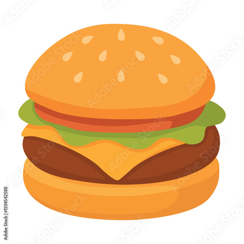 Funny cartoon cheeseburger with lettuce, tomato, patty and cheese in a soft bun.