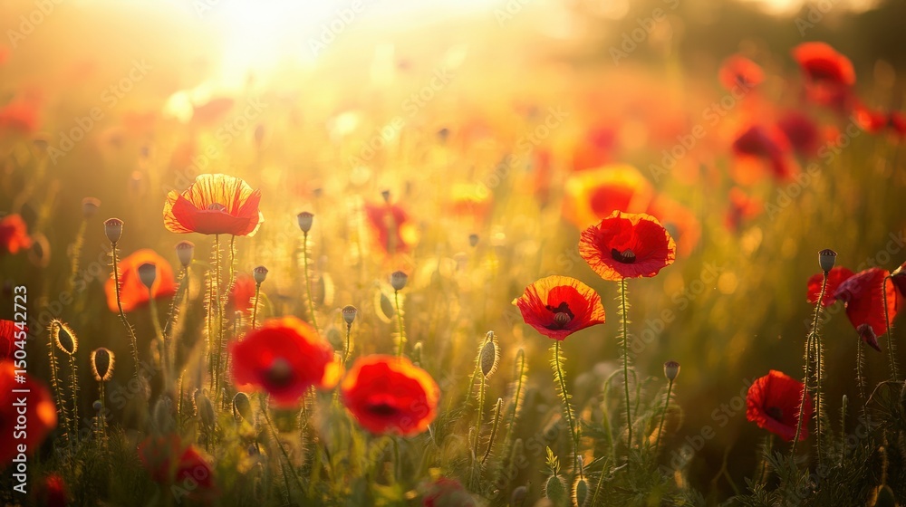 Obraz premium Warm sunset glow over a field of vibrant poppies.