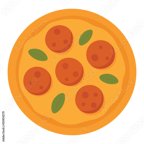 Round pepperoni pizza with cheese and basil leaves. Bright flat vector food illustration.
