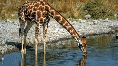 A giraffe lowers its long neck to the watering hole, its graceful movements mesmerizing onlookers nearby