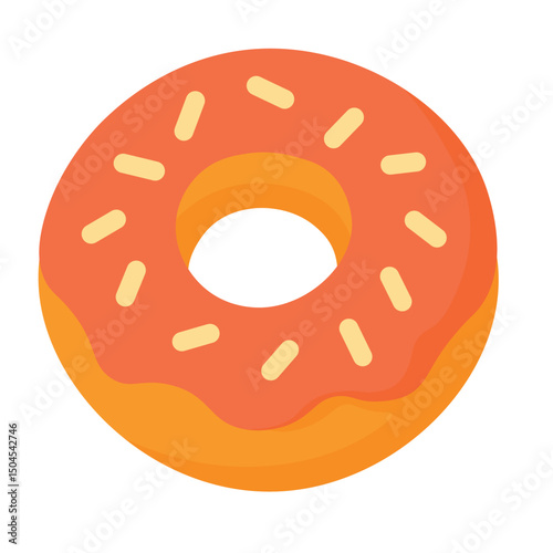 Sweet cartoon donut with pink frosting and sprinkles. Tasty flat vector dessert illustration.