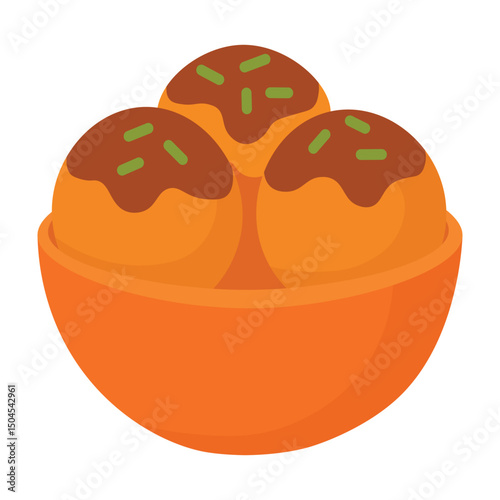 Three takoyaki balls with sauce and topping in a round bowl. Cute flat vector snack.