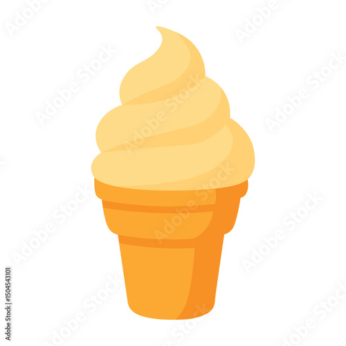 Soft vanilla ice cream in a yellow cone. Cute and simple flat cartoon dessert illustration.