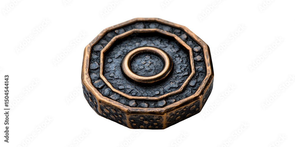 Fototapeta premium Antique Metal Button With Textured Design. Vintage Fashion Accessory Isolated On Transparent Background