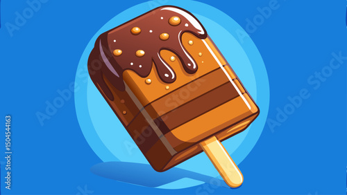 Close-up of a decadent chocolate-covered ice cream bar with drips of chocolate sauce, adorned with sprinkles and coarse salt, set against a soft blue background.