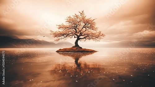 A lone sakura tree in full bloom standing on a tiny rocky island in the middle of a still lake, with a perfect reflection