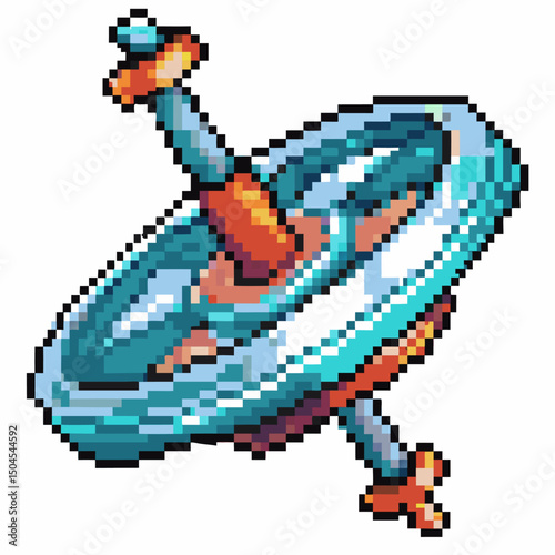 Retro pixel art gyroscope, vintage spinning toy vibrant colors, mechanical illustration
