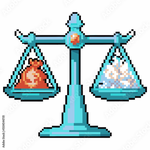 balance scale with money bag and brain, concept of financial versus intellectual value in pixel art