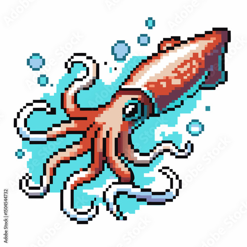 Retro pixel art, octopus underwater vibrant tentacles, bubbles, sea life digital design
