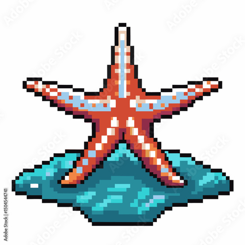 pixel art starfish on ocean wave retro marine life, vibrant sea creature illustration