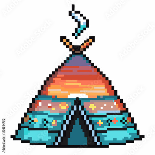 Pixel art teepee with starry sky and smoke, vibrant colors, retro digital design