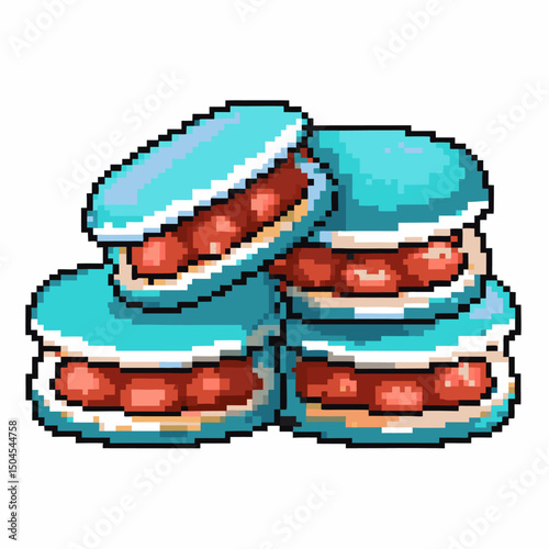 pixel art stack of blue macarons with red filling retro digital dessert illustration, vibrant pixelated design