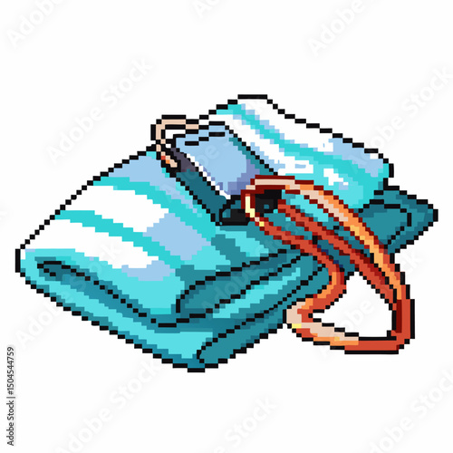 Colorful pixel art folded beach towel and sunglasses for summer vibes