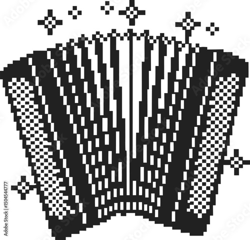 pixel art accordion with musical stars retro music instrument illustration, digital design