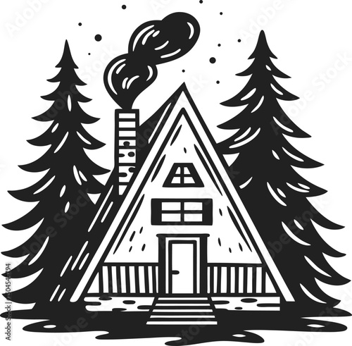 Rustic a frame cabin nestled among pine trees, cozy forest retreat, hand drawn illustration