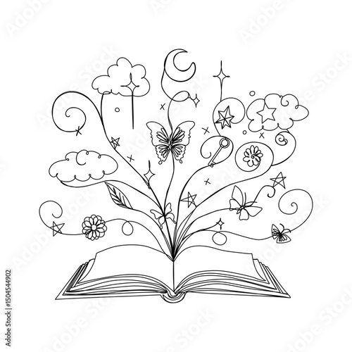 Open book with butterflies, stars and clouds in continuous one line art style. Children's fantasy storybook. Simple vector illustration
