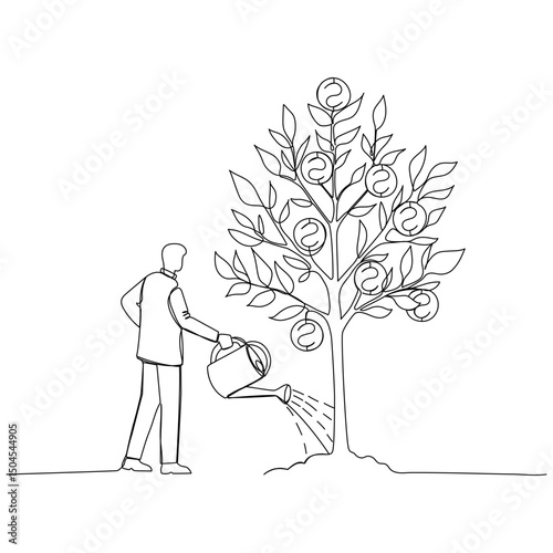 A person watering a tree with coins in continuous one line art style. Investment concept. Simple vector illustration