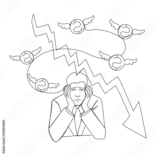 A sad person and falling charts in continuous one line art style. Financial crisis concept. Simple vector illustration