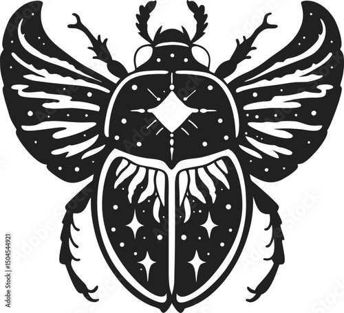 Decorative scarab beetle design, black and white illustration with cosmic motifs and details