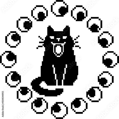Pixel art black cat with circular design, retro digital illustration