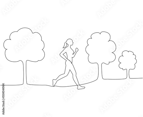 Woman running in the park in continuous one line art style. Simple vector illustration