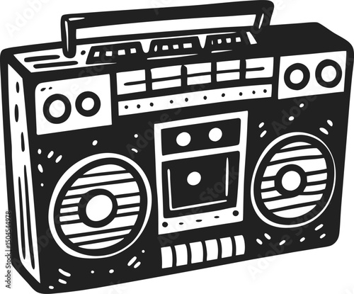 vintage boombox illustration retro music cassette player, 1980s portable stereo with speakers
