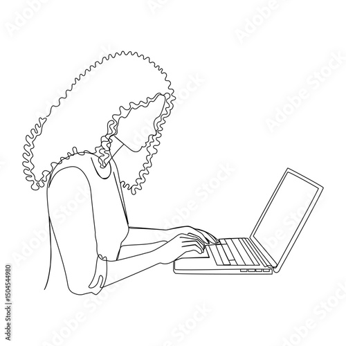 Woman working with a laptop in continuous one line art style. Simple vector illustration