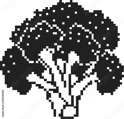 Black pixel art broccoli on white background, minimalist design