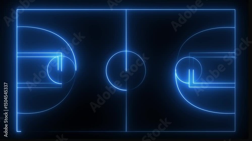 Animation of neon sports stadium on black background. neon lights match football isometric field video animation neon line and flickering particles 