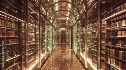A luxurious underground library with walls made of ancient stone, featuring towering glass cylindrical bookshelves, creating a grand, opulent, and mysterious atmosphere