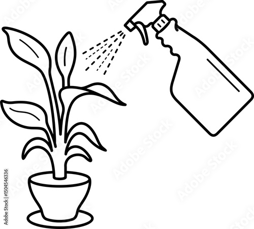 Aerosol for plant care. Vector outline art icon showing a spray bottle applying liquid fertilizer or pesticide to a potted houseplant, vector outline icon for plant care and gardening concept.
