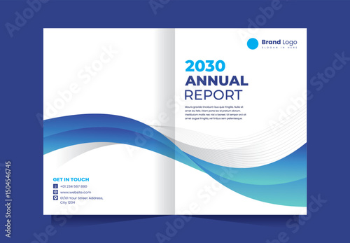 Annual Report Cover Design, Clean and modern blue wave annual report cover template
