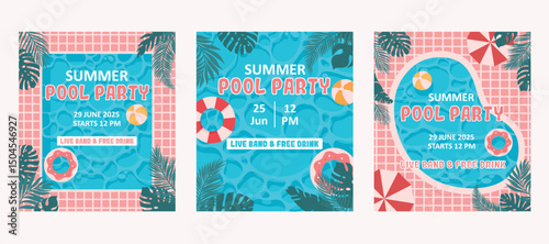 Set of pool party invitation posters. Swimming pool with swimming rings and balls. Flat vector illustration.