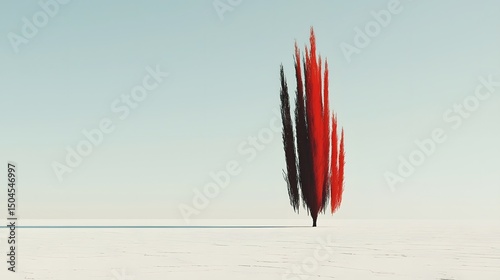 A minimalist digital artwork featuring a solitary, tall tree with vibrant red and dark foliage standing starkly on a vast, flat, and light-colored landscape under a clear sky