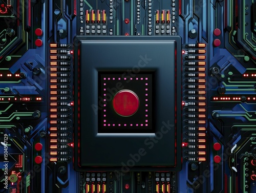 Intricate Close-Up of Electronic Circuit Board with Central Processing Unit