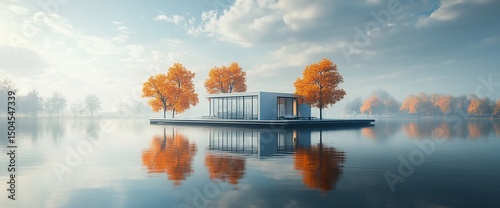 Contemporary lake house with stunning autumn foliage and tranquil reflections