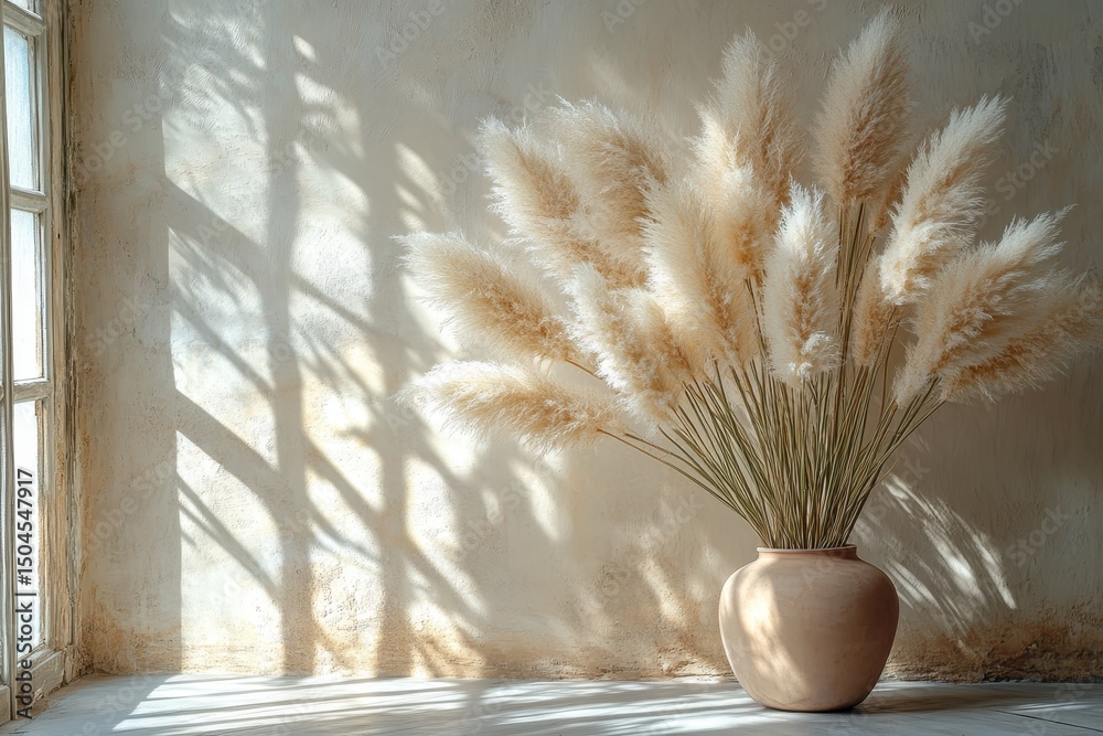 Naklejka premium Pampas grass arrangement in a ceramic vase by a sunlit window creating beautiful shadows