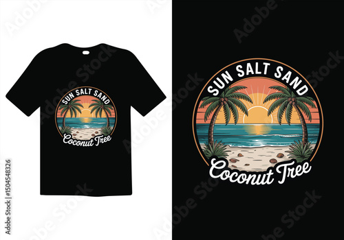 T-shirt Design: A visually appealing and fashionable t-shirt features an artistic representation of a sun, sea, and palm trees, evoking the spirit of a coastal retreat. 