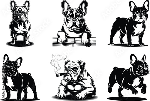 French Bulldog Silhouette Bundle, french bulldog Set svg of dog Vector Art and White Background. Dog lover Illustration.