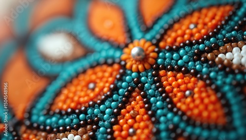 Close-up colorful native american traditional beadwork. Ethnic pattern with intricate details and soft focus. Bright orange blue color combination. Native American culture heritage art illustration.